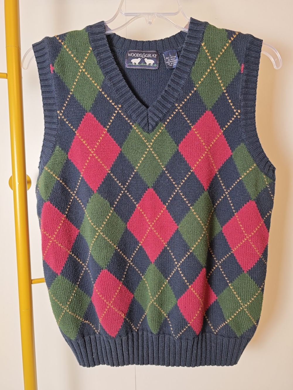 Woods & Gray Navy Argyle V-Neck Sweater Vest Mens Large Green Red Cotton